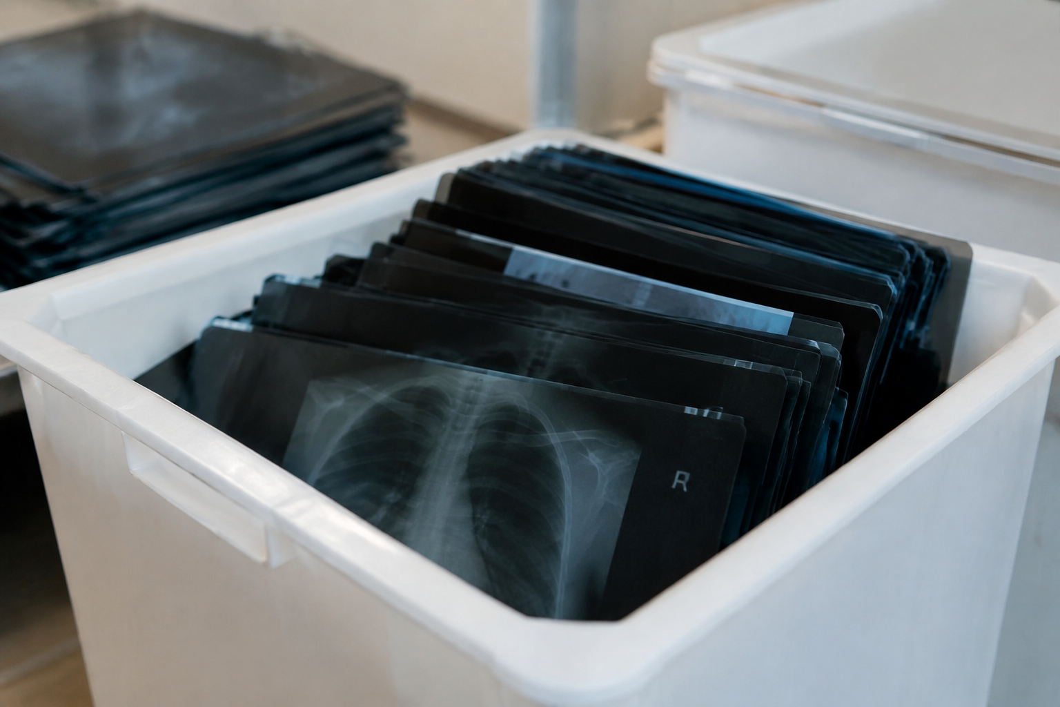 Radiographies medicales disposees dans conteneur blanc