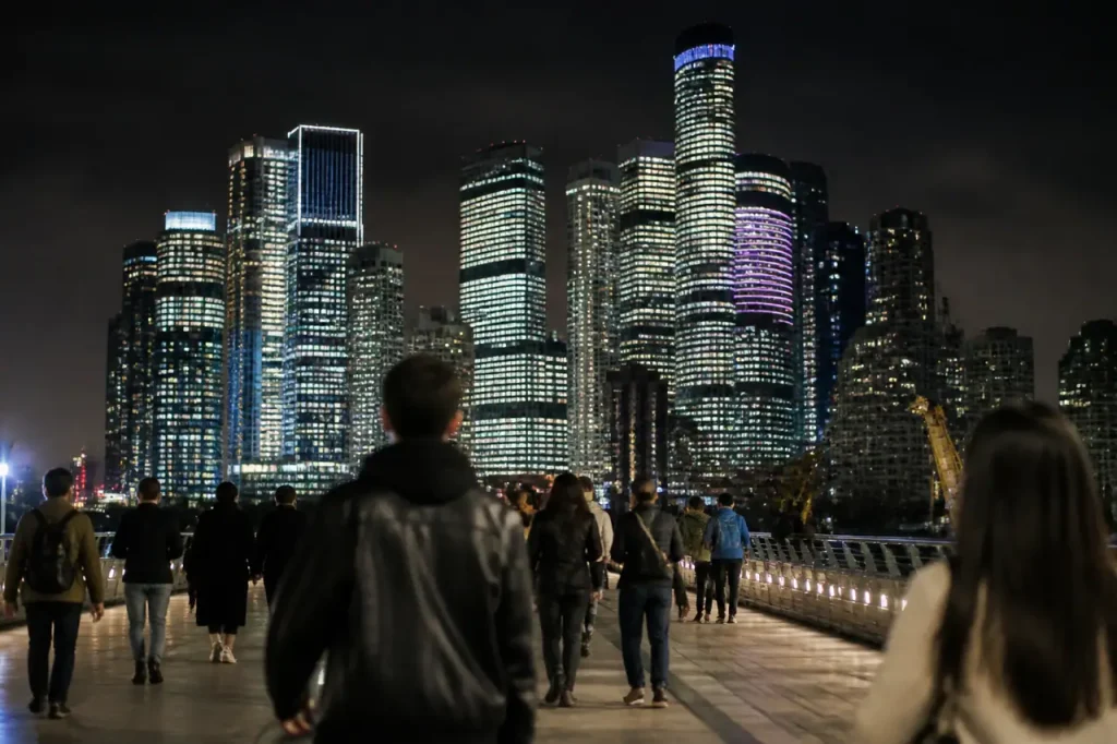 Passants devant gratte-ciels illumines de nuit