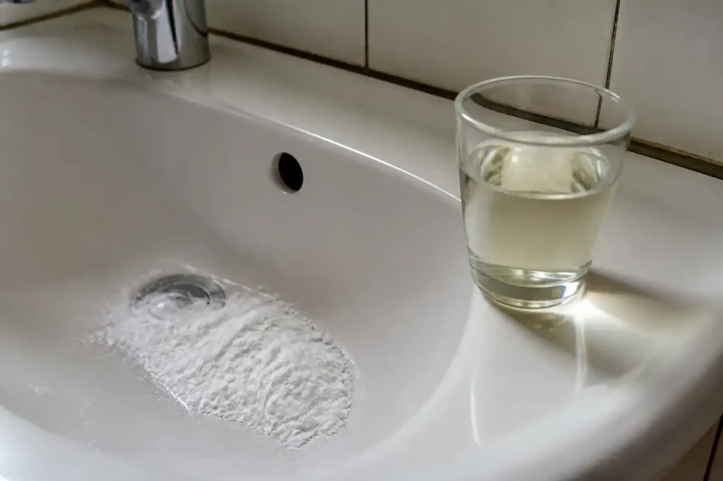 Poudre blanche dans un lavabo et verre de vinaigre